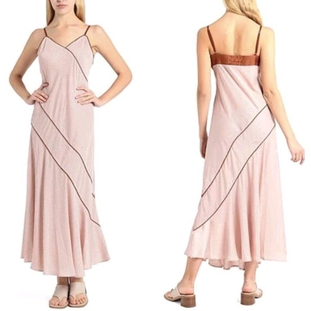 DKNY Dress Satin Mini Grid Print Adjustable Straps‎ V Neck Women XL Logo Summer